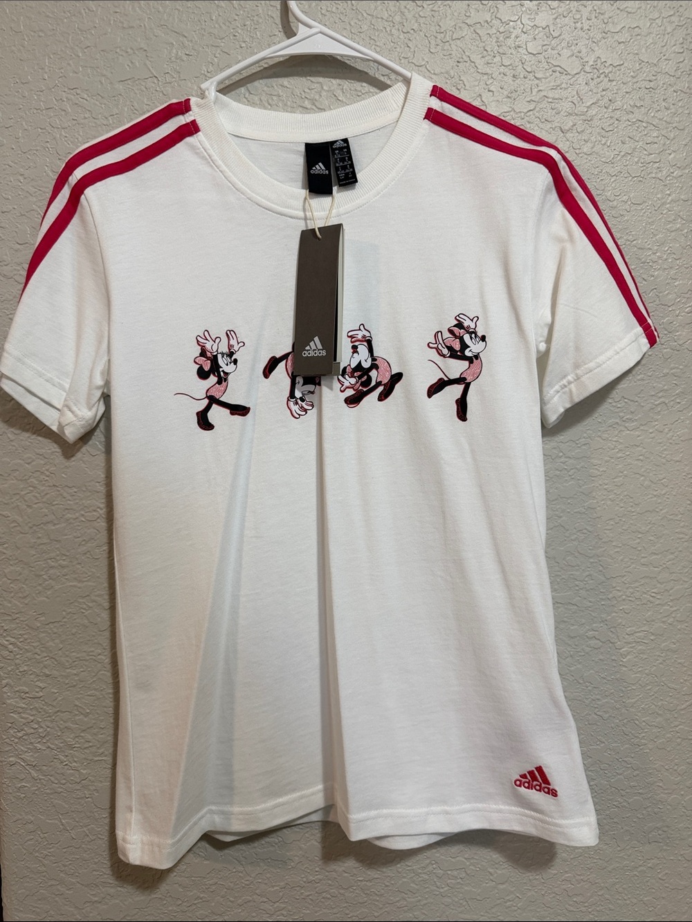 adidas White Tee with Pink Minnie Mouse Graphic & Shoulder Stripes